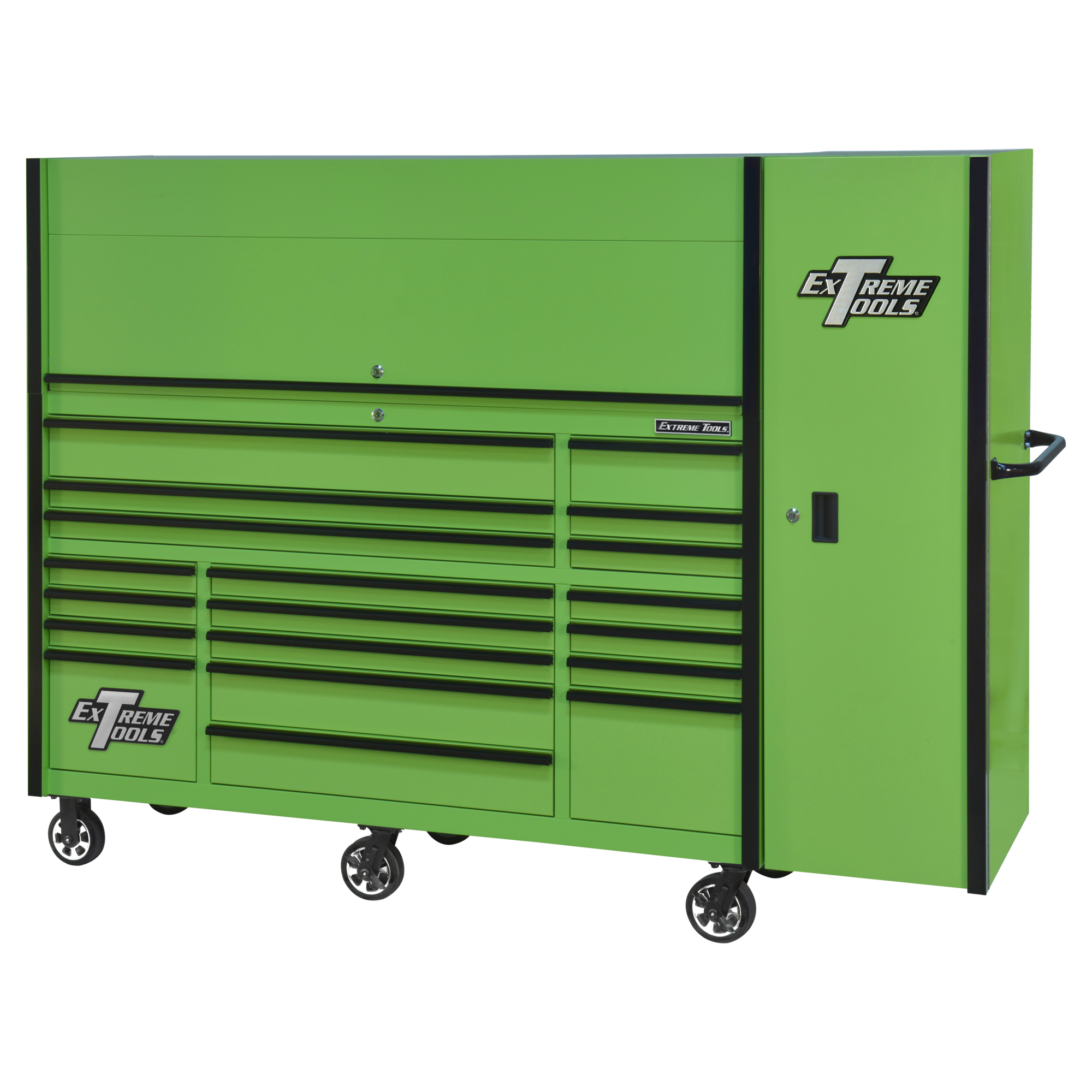 Extreme Tools RX Series 72in W x 30in D Professional Extreme Power Workstation Hutch, 19-Drawer Roller Cabinet-250 lbs Slides and 19in 3-Drawer Side Locker Combo, Green w Black Dr Pulls, Model # RX7225HRSGK
